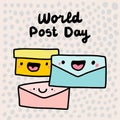 World post day hand drawn vector illustration in cartoon doodle style cards box kawaii faces