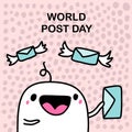 World post day hand drawn vector illustration in cartoon doodle style man sending letter