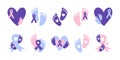 World Prematurity Day set. Purple awareness ribbon. Prematurity Month sign symbol. Baby feet, awareness ribbon, heart