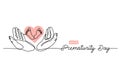 World Prematurity Day simple vector banner, background with small feet in the hands. One continuous line drawing with Royalty Free Stock Photo