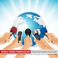 World Press Freedom Day background with hands of reporters with microphone
