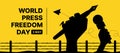 World Press Freedom Day - Black silhouette hands hole pen and microphone on the barbed wire and flying paper rocket around on