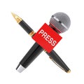 World Press Freedom Day Concept. Golden Fountain Writing Pen with Press Microphone. 3d Rendering