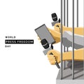 World Press Freedom Day, vector illustration of hands holding cellphones and microphones out of prison bars