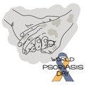 World Psoriasis Day, Schematic representation of the outlines of the hands, hand in hand as an expression of support, affected