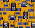 World Radio Day AI illustration vector type of radio receivers and microphones forming a repetitive pattern in yellow and blue