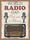 World radio day colored vintage poster with retro radio and mocrophone.