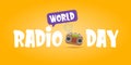 World radio day horizontal banner with vintage old orange cassette stereo player isolated on orange background. Cartoon