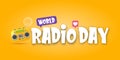 World radio day horizontal banner with vintage old orange cassette stereo player isolated on orange background. Cartoon