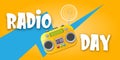 World radio day horizontal banner with vintage old orange cassette stereo player isolated on orange background. Cartoon