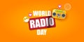 World radio day horizontal banner with vintage old orange cassette stereo player isolated on orange background. Cartoon