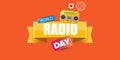 World radio day horizontal banner with vintage old orange cassette stereo player isolated on orange background. Cartoon