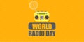 World radio day horizontal banner with vintage old orange cassette stereo player isolated on orange background. Cartoon