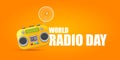 World radio day horizontal banner with vintage old orange cassette stereo player isolated on orange background. Cartoon