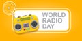 World radio day horizontal banner with vintage old orange cassette stereo player isolated on orange background. Cartoon