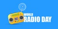World radio day horizontal banner with vintage old orange cassette stereo player isolated on blue background. Cartoon