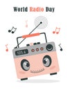 World Radio Day, poster, card, banner. Cartoon radio in pink retro style. Vector illustration Royalty Free Stock Photo