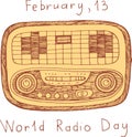 World Radio Day poster. Doodle scribble cartoon art with words.