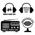 World radio day. Set of vector emblems, labels, badges and logos in glyph style. Radio, microphone, headphone objects isolated on Royalty Free Stock Photo