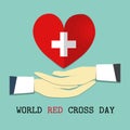 World Red Cross and Red Crescent day, White cross on a red heart above hands. Illustration Royalty Free Stock Photo