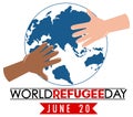 World Refugee Day banner with hands on globe sign