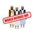 World refugee day. Expatriates in Syrian garments. refugee stam