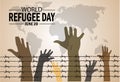 World Refugee Day Human right day concept: Silhouette refugee hands raising and barbed wire on background