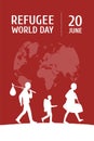 World Refugee Day on June 20 vertical poster template. Globe map, family of man, woman and child leaving motherland.