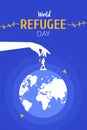 World Refugee Day on June 20 vertical poster template. Hand moving man silhouette around the globe.