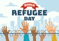 World Refugee Day Vector Illustration on 20 June of Immigration Family and Their Kids Walking Seek Home with Fence Iron Wire Royalty Free Stock Photo