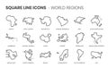 World Regions related, square line vector icon set