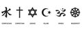 World religion symbols - Christianity, Islam, Hinduism, Confucian, Buddhism and Judaism, with English labeling. Illustration.