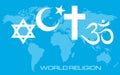 World religions - Christianity, Islam, Hinduism and Judaism on background world map Royalty Free Stock Photo
