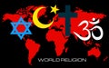 World religions - Christianity, Islam, Hinduism and Judaism on background world map Royalty Free Stock Photo