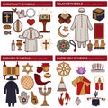 World religions symbols Christianity and Islam Judaism and Buddhism