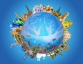 World religious and architecture monuments - collage or globe from different religions Royalty Free Stock Photo