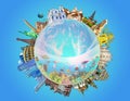 World religious and architecture monuments - collage or globe from different religions Royalty Free Stock Photo