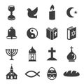 World religious symbols black icons set isolated on white. Christianity, islam, judaism, taoism. Royalty Free Stock Photo