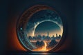 The world revolution of through circle future portal, background of skyscraper.