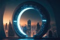 The world revolution of through circle future portal, background of skyscraper.