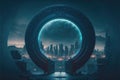 The world revolution of through circle future portal, background of skyscraper.