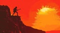 World Rock-n-roll Day, guitarist on a red background, high mountain, sunset, vintage style, copy space, Royalty Free Stock Photo