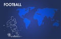Silhouette of football player with World map blue background Royalty Free Stock Photo