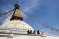 The world`s largest Buddhist stupa Boudhanath in Kathmandu. The main temple of the Buddhists. The roof of the temple with Tibetan