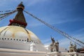 The world`s largest Buddhist stupa Boudhanath in Kathmandu. The main temple of the Buddhists. The roof of the temple with Tibetan