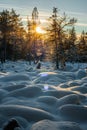 the world\'s largest stone river in the snow in the rays of the setting sun Royalty Free Stock Photo