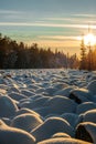 the world\'s largest stone river in the snow in the rays of the setting sun Royalty Free Stock Photo