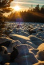 the world\'s largest stone river in the snow in the rays of the setting sun Royalty Free Stock Photo