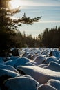 the world\'s largest stone river in the snow in the rays of the setting sun Royalty Free Stock Photo