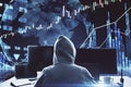 World security and technology protection concept with hacker back with monitors and digital screen with financial graph. Double Royalty Free Stock Photo